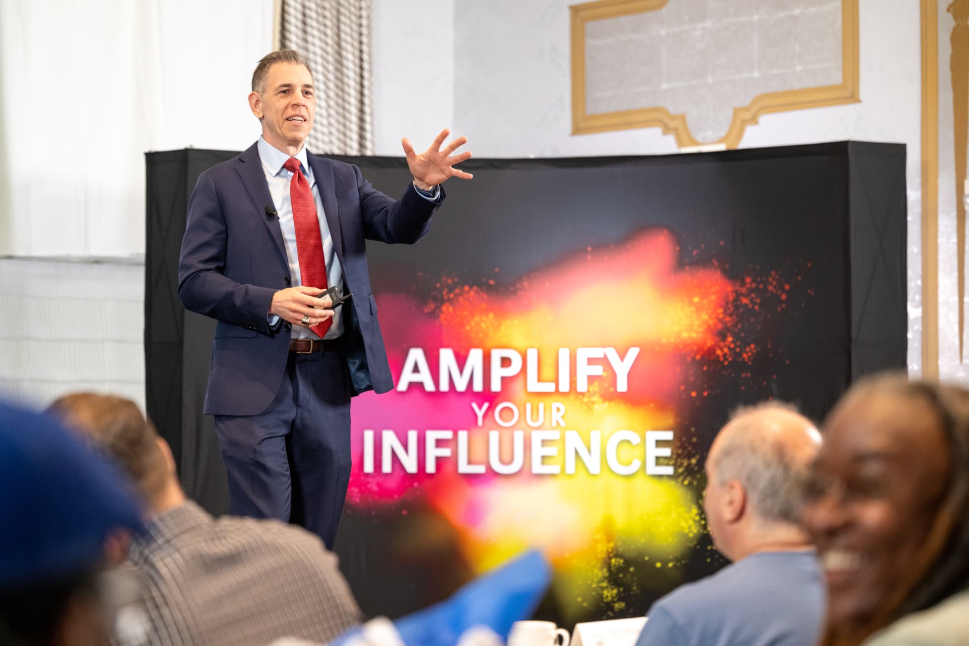 Mark Albert presenting Amplify Your Influence to a live Media Mastery audience